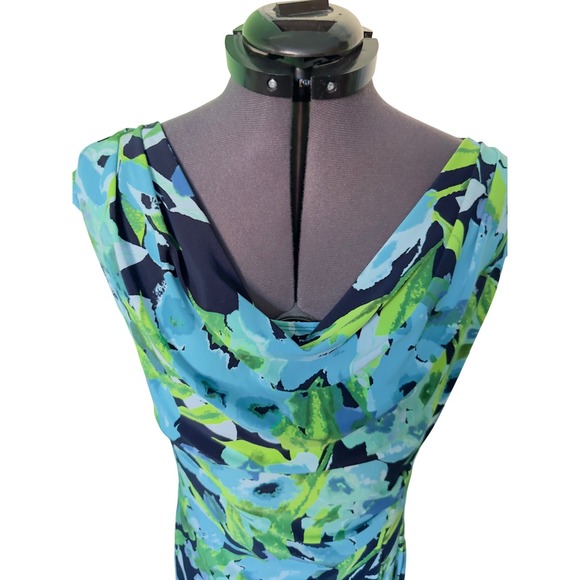 Lauren Ralph Lauren Floral Print Cowl Neck Sheath Dress Women Size 10 Blue Green - Picture 2 of 8